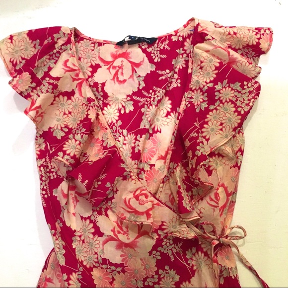 🌹HP🌹Retro Floral Rose Print Ruffled Wrap Dress / Long Vest Cover up - Picture 4 of 6